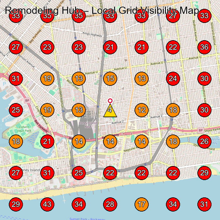 Remodeling Hub GeoGrid visibility map for General Contractor in Brooklyn